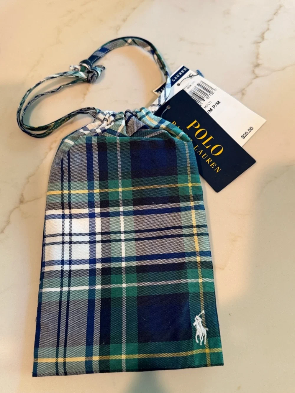 NEW Polo Ralph Lauren Cotton Face Mask Size S/M Green & Blue Plaid With Dust Bag